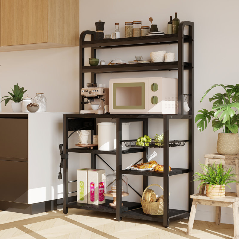 6-Tier Bakers Rack with Power Outlets & Microwave Stand | Industrial Coffee Bar Hutch with Wire Drawer, Basket & Open Shelves for Kitchen, Dining Room & Pantry