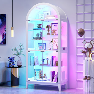 Vitrine cintrée de 180 cm de haut avec éclairage RVB à détecteur de mouvement, armoire de rangement en verre à 8 niveaux