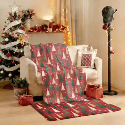 2025 Christmas Red Tree 4-Piece Cozy Set: 40x50 Inch Flannel Blanket + 15.75x13.78 Inch Canvas Tote + Washed Denim Beanie + 24x16 Inch Flannel Mat – Festive Holiday Home Decor Gift Bundle