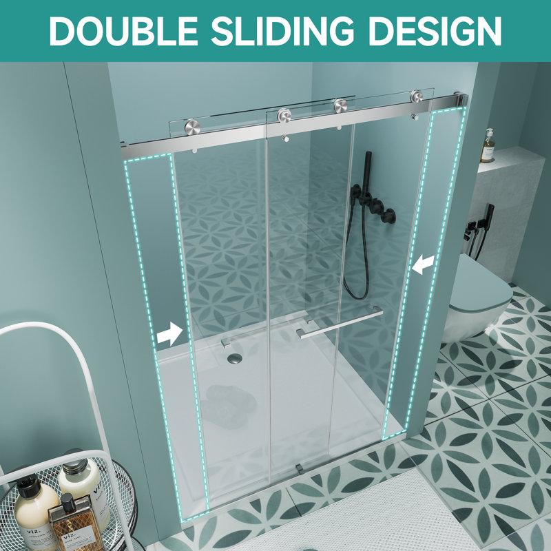 Porte de douche sans cadre à porte coulissante en nickel brossé sans cadre 60 po x 76 po en verre trempé transparent