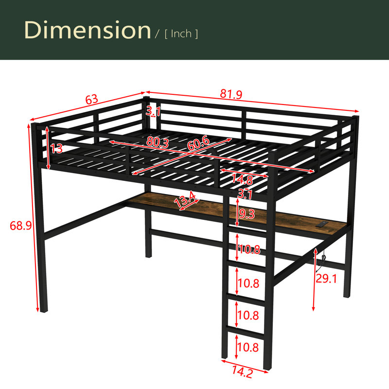 Metal Queen Size Loft Bed With Power Outlet And LED Lighted, Space-Saving, Noise Reduced, Black