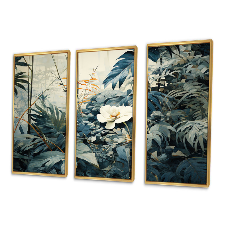 «White and Blue Jungle Expression I - Jungle», ensemble d'art mural, Cadre flottant doré, H 28 po x l 36 po x P 1 po