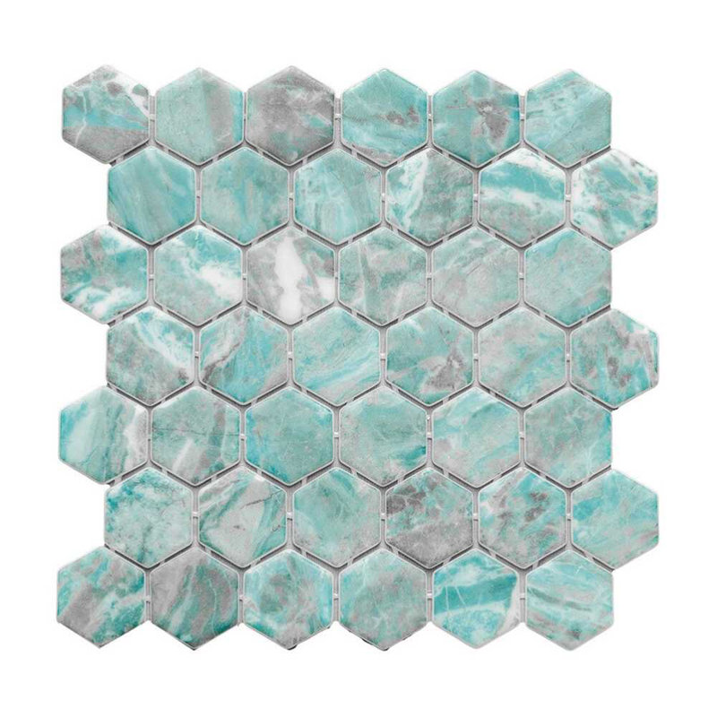 Eterna Hexx 12'' x 12'' Recycled Glass Mosaic, Beryl