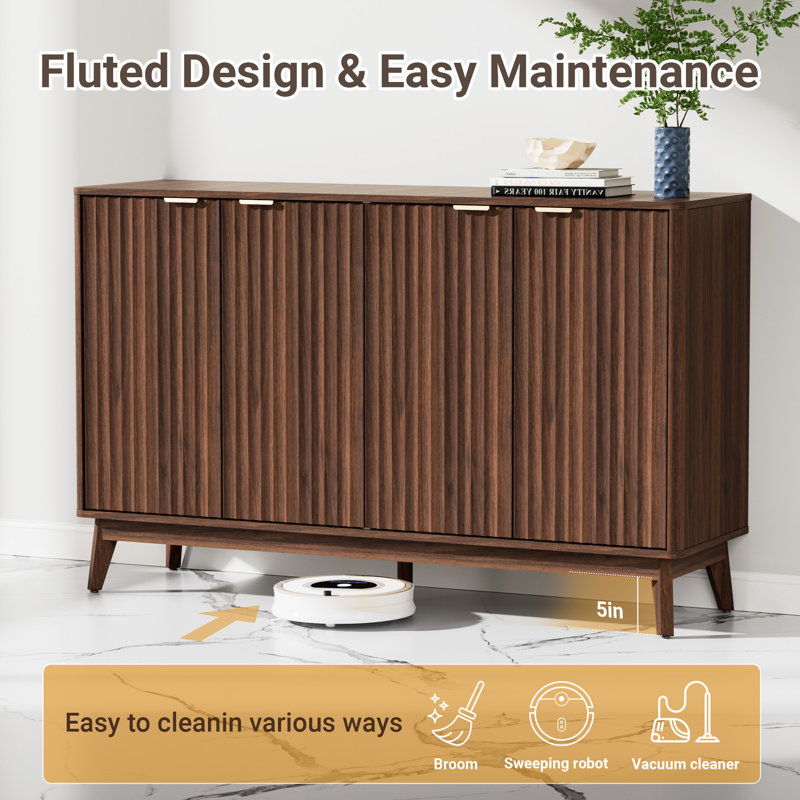 Seyla 55'' Sideboard with Solid Wood Legs & 2 Adjustable Shelves, Four Curved Fluted Door, Walnut