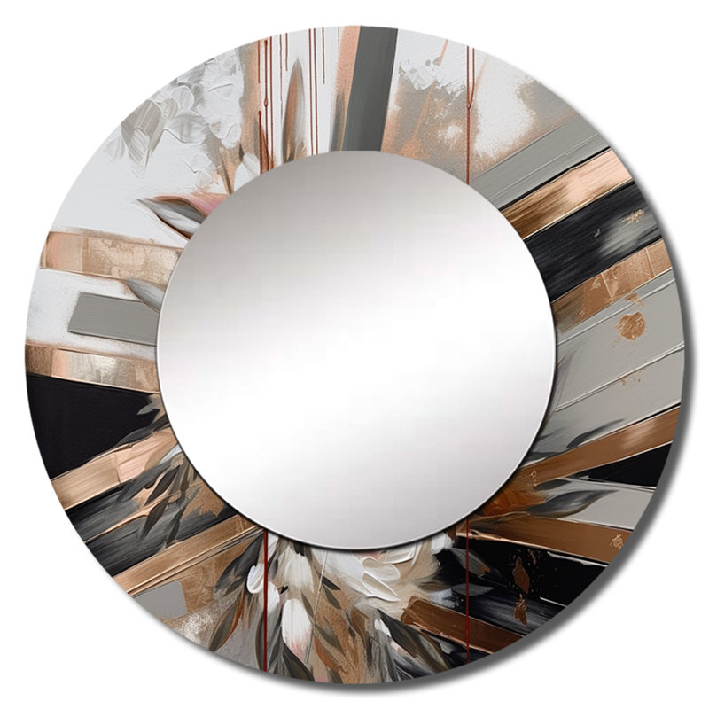 Orinate Rose Gold Linear Floral Elegance III - Floral Wall Mirror, White Round Decorative Mirror, Printed Metal Art