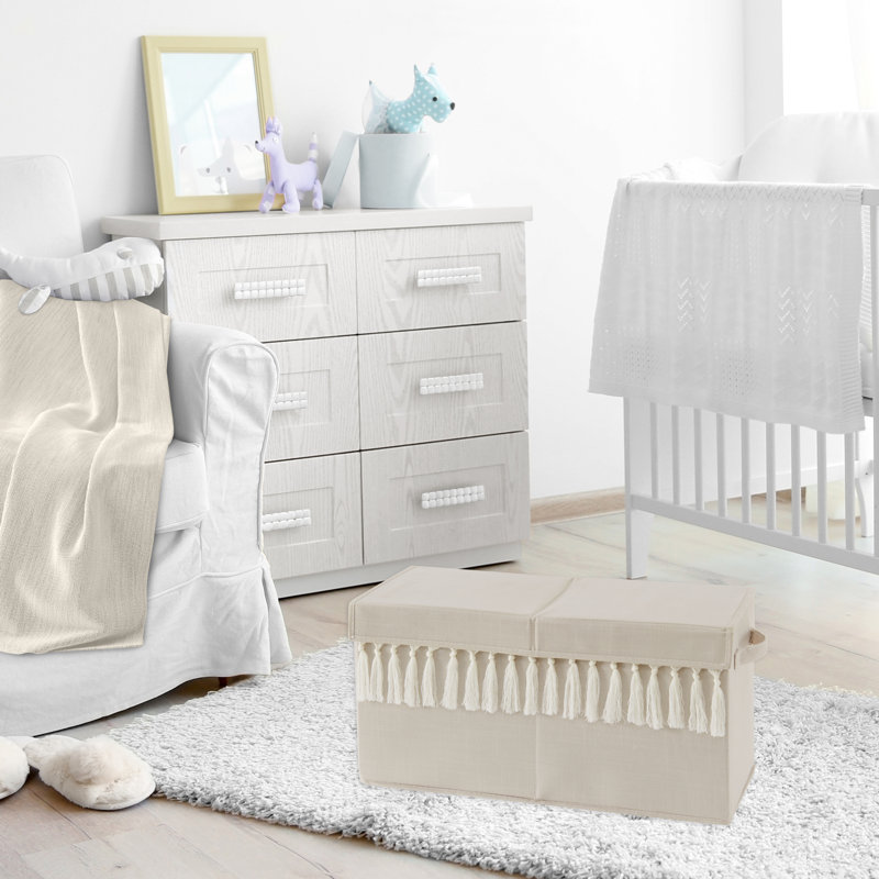 Taupe and Ivory Linen Blend Boho Fringe Toy Storage Bin