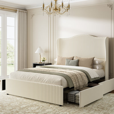 Upholstered Wingback Bed with 4 Storage Drawers & 54" Tall Headboard, No Spring Box Needed, Easy Assembly