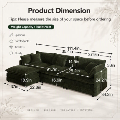 Canapé modulaire surdimensionné en L avec repose-pieds réversible en chenille verte Free Combination Comfy Upholstery
