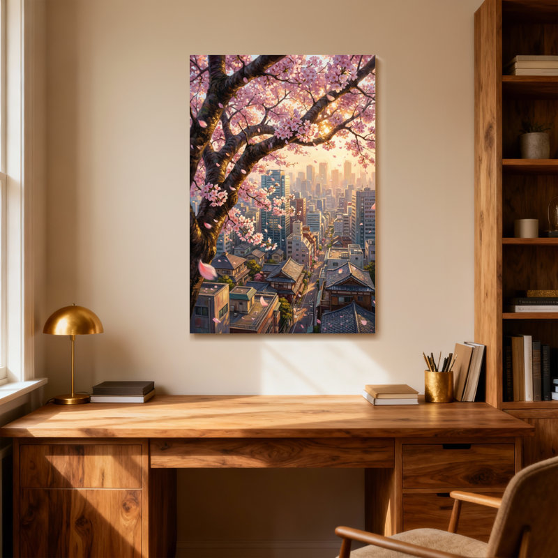 Plantes et fleurs, cerisier en fleurs, paysage urbain, coucher de soleil, H 18 po x l 12 po