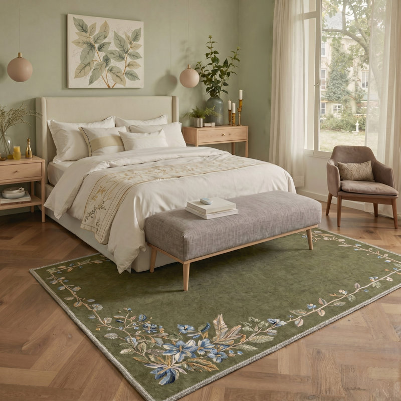 Abrahamson Florora Floral Machine Washable Green Indoor Area Rug with Non-Slip Backing, Round 5'