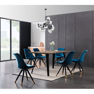 Gwawr 6 Person Dining set - a Rectangular Wooden Dining Table with Metal Legs and a Set of 6 Quilted Velvet Dining Chairs for Dining Room - Modern Dining Table Set