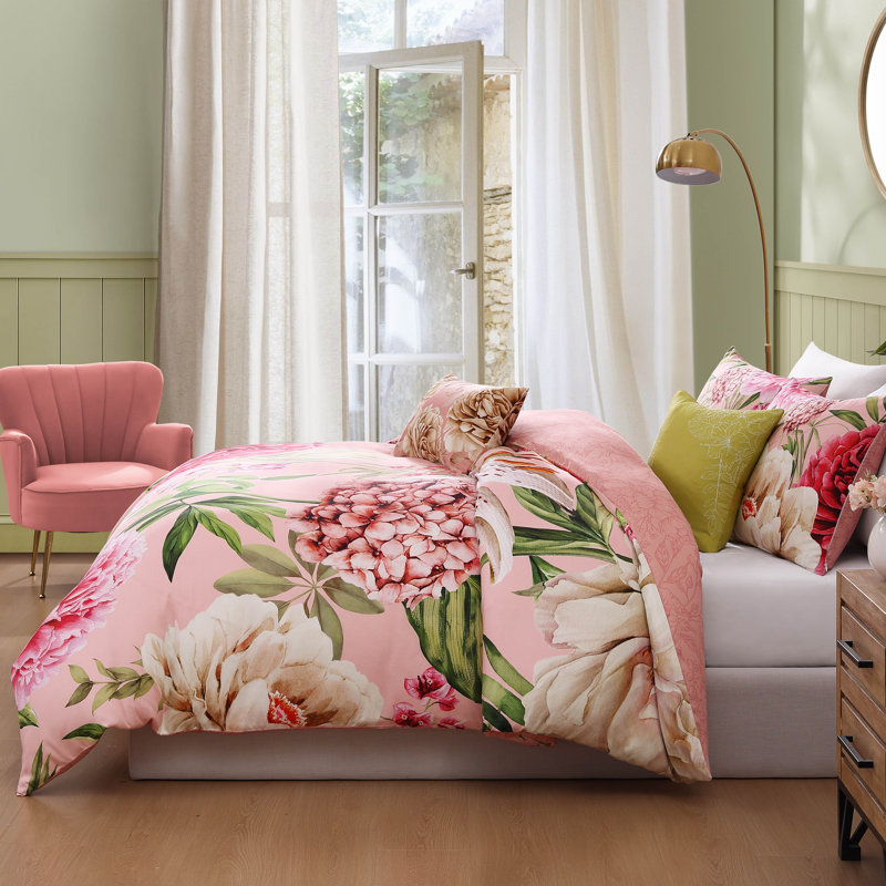 Queen Pink Cotton Reversible Floral Comforter Set