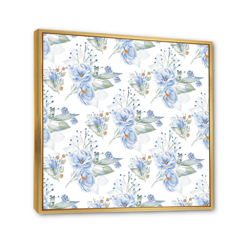 Fleurs de lin bleues - reproduction d'art sur toile à motifs, H 16 po x l 16 po, Cadre flottant doré