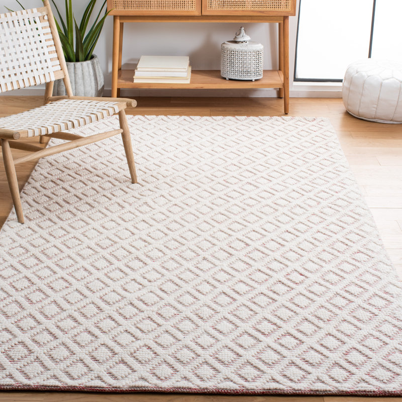 Tapis géométrique en laine tissé à la main ivoire / rouge, Rectangle 9 pi x 12 pi