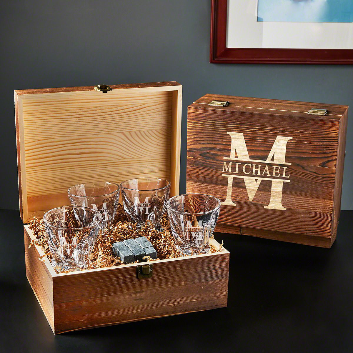Custom Square Whiskey Glasses, Set of 4, Carmine Design by Home Wet Bar