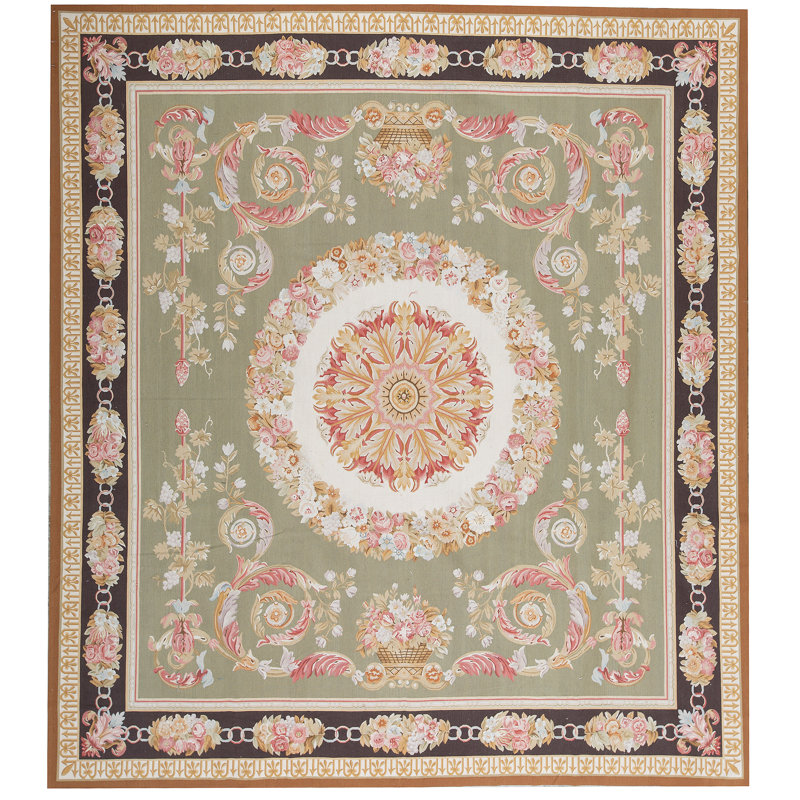 Hand-Knotted High-Quality Green and Brown Area Rug