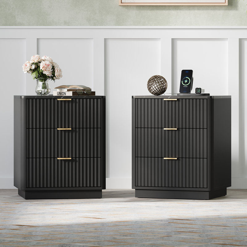 Valerica 3-Drawer Fluted Nightstand with Charging Station, Set of 2, Black