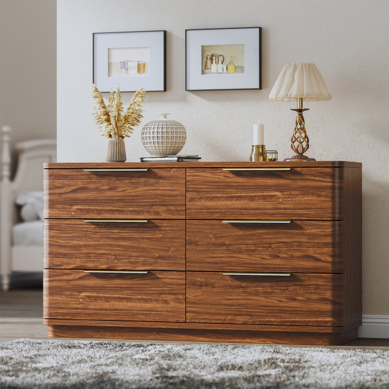 Commode 6 tiroirs pour chambre à coucher, commode simplement moderne avec tiroirs profonds pour le salon, couloir d'entrée, noyer