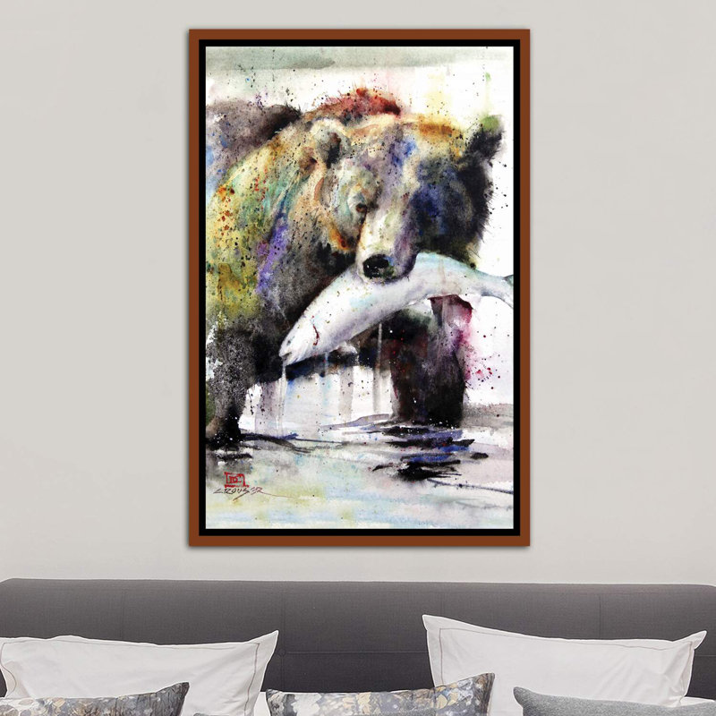 «Brown Bear and Salmon» - reproduction, H 18 po x l 26 po x P 1,5 po, Cadre bois classique
