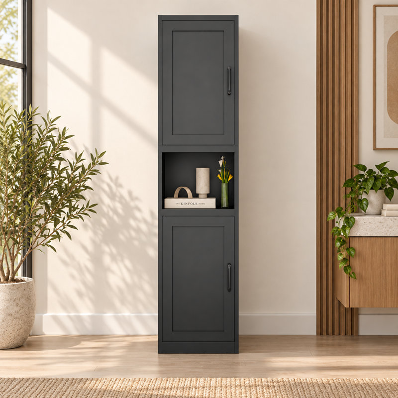 Colonne de rangement pour linge de salle de bain noire autoportante, armoire étroite de 170 cm de haut avec portes magnétiques réversibles et espace de rangement ouvert