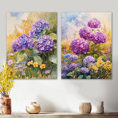 «Country Side Hydrangeas and Wildflowers I - Mauve nature», reproduction d'art en métal 2 pièces