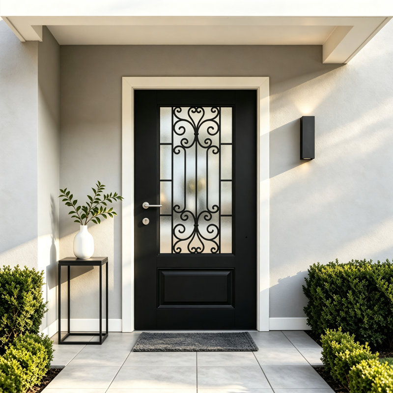 Panneau de porte d'entrée texturé linéaire seulement, avec vitrage en fer forgé 3/4 et verre à faible émissivité, ouverture vers l'intérieur à droite (cadre de porte non inclus).