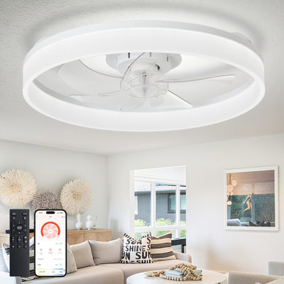 20" White Flush Mount Ceiling Fan with Light, Low Profile, App & Remote Control, 6-Speed Quiet DC Motor, Dimmable LED for Bedroom