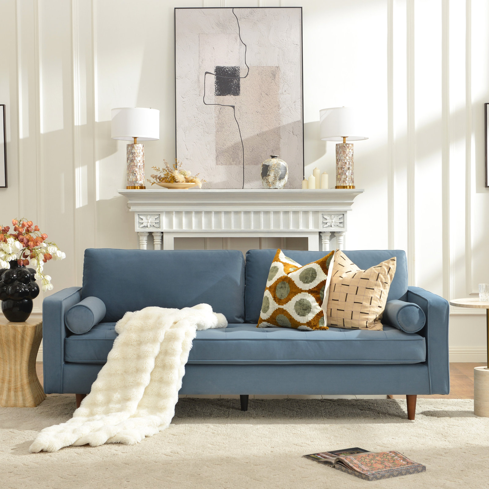 Geo 84" Linen Sofa, Blue Velvet