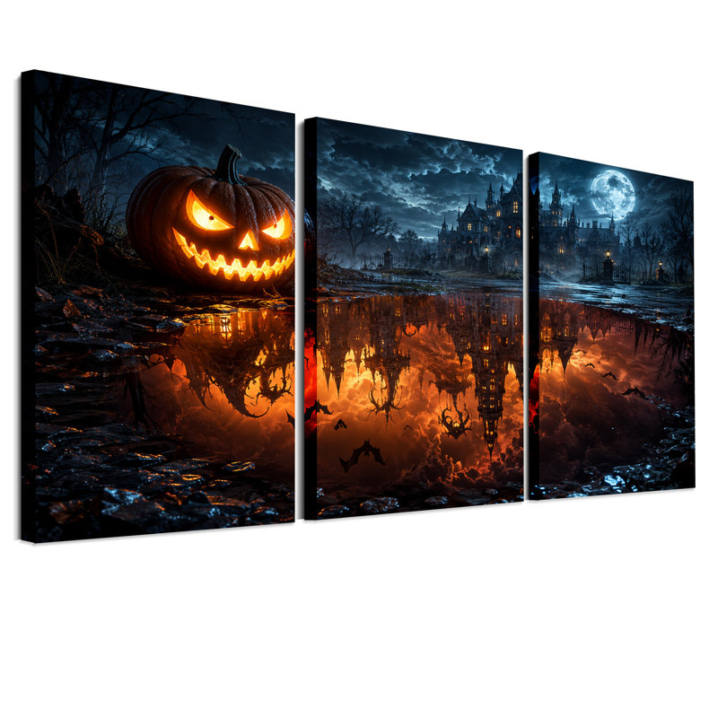 Ensemble de 3 toiles murales d'Halloween avec des citrouilles lumineuses et un château hanté, H 30 po x l 20 po x 3 pièces
