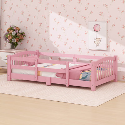 Floor Bed With Slats And Safety Guardrails, Wood Floor Bed Frame With Fence
