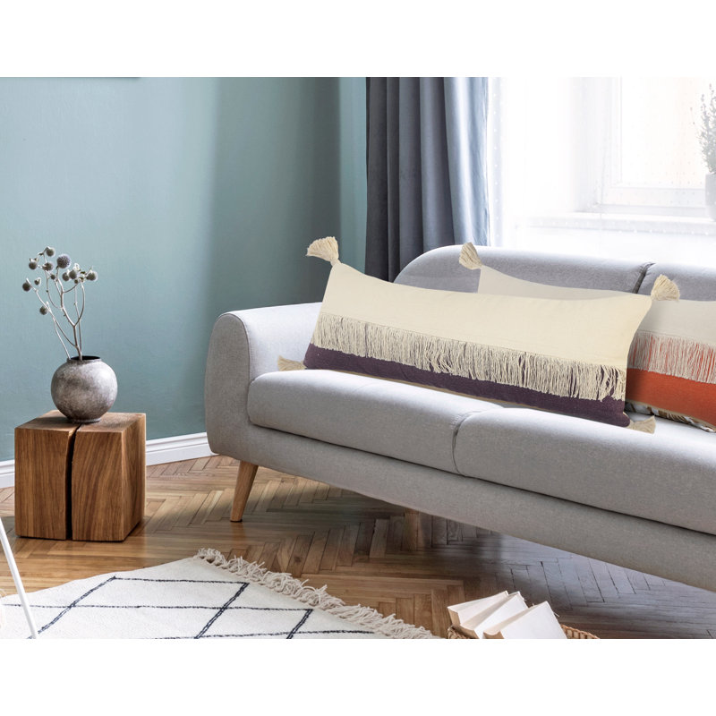 Purple and Off-White Cotton Fringe Lumbar Pillow, 14" x 36"