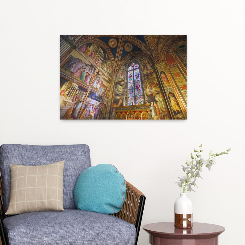 Florence Tuscany Italy. Santa Croce Basilica. Frescoes And Stained Glass Windows In The Baroncelli Chapel By Taddeo Gaddi C1300-1366. by Ken Welsh - Wrapped Canvas Print
