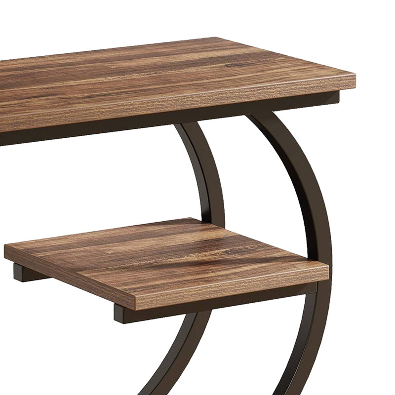 Table de bout en forme de C, 3 niveaux, plateau brun foncé, métal noir mat, 26 po