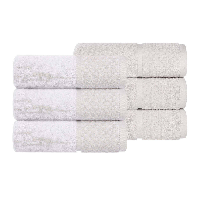 Lodie Cotton Plush Soft Absorbent Jacquard Solid and Two-Toned Hand Towel Washcloth, Stone/White