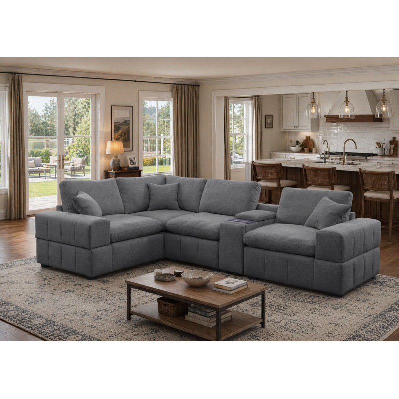 Canapé modulaire rembourré en chenille de l 122,62 po avec chargement sans fil, porte-gobelets et rangement (5 pièces)