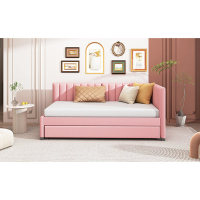 Twin Size Daybed With Trundle, Upholstered In Pink Linen Fabric, No Box Spring Trundle Linen, Required