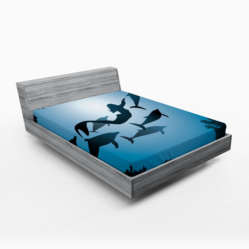 Drap-housse sous-marin Ambesonne, ensemble de 2 sirène et dauphins bleu noir bleu pétrole, Drap-housse grand