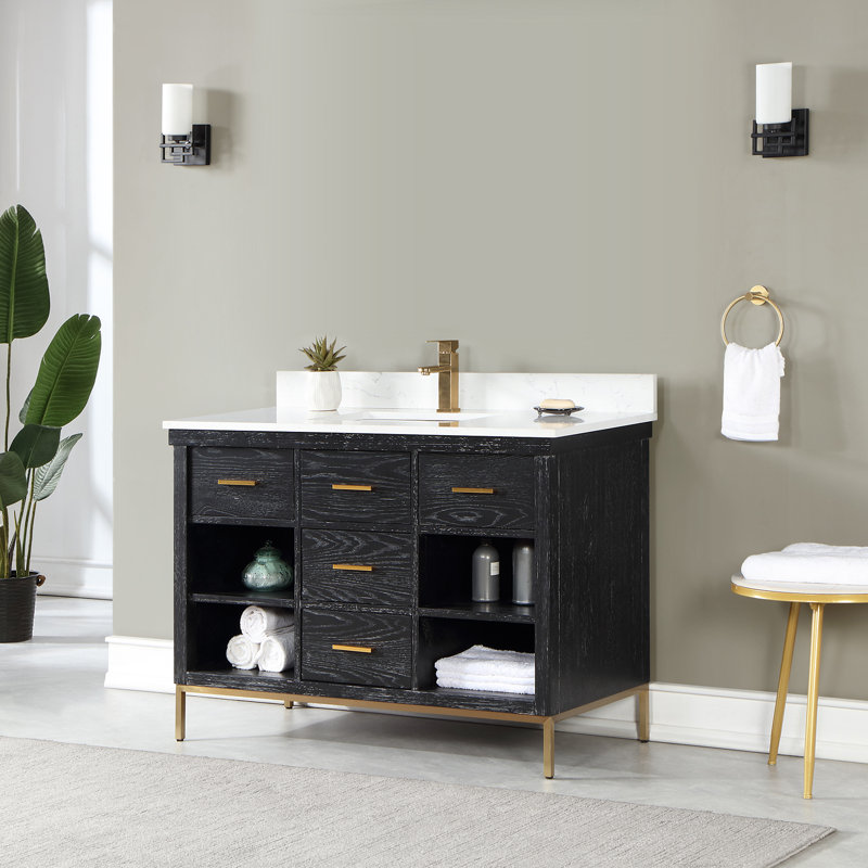 Ensemble de meuble-lavabo simple 48 po Kesia avec comptoir en pierre composite blanc de Carrare sans miroir, Noir, Or