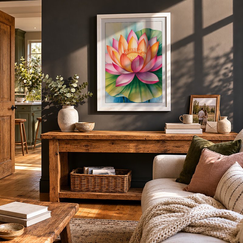 Lotus in Bloom Botanical - Framed Print, A1 - 84.1 x 59.4 cm, White