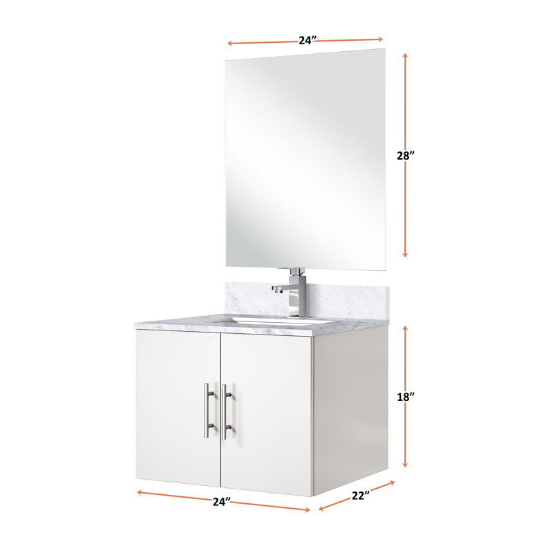 24 po L x P 22 po. Meuble-lavabo blanc brillant avec comptoir en marbre, robinet et 18 miroirs, surface de travail D, comptoir et robinet