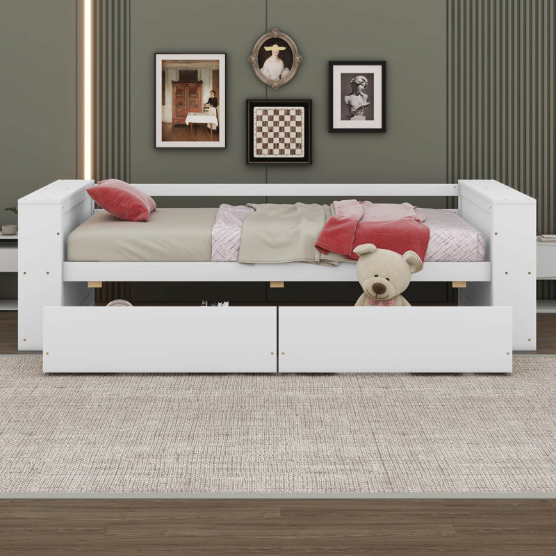  Lit de jour simple Babali avec tablettes et tiroirs, Blanc