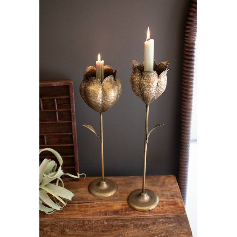  Set of 2 Antique Brass Tulip Taper Candle Holders 20.5" H Decorative Accent
