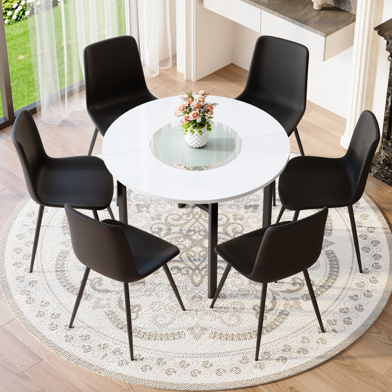 Ensemble table et chaises Ensemble de table de salle à manger moderne et minimaliste blanc de 42 pouces avec 4 chaises en lin gris clair et coussin courbé. Convient aux salles à manger, au bureau, etc.