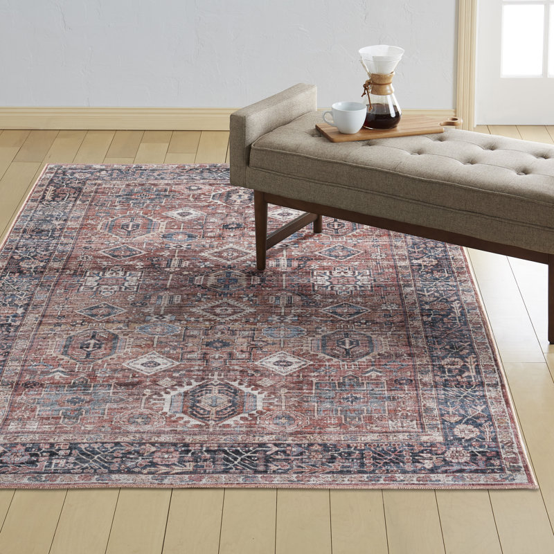 Tapis rouge / ivoire / bleu à motif géométrique de style sud-ouest Griesemer, Rectangle 3 pi 11 po x 5 pi 6 po
