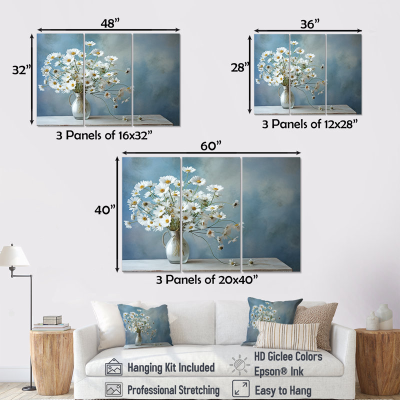 «White Daisy Efflorescence Bouquet Serenity - Daisies», ensemble d'art sur toile, H 40 po x l 60 po x P 1 po