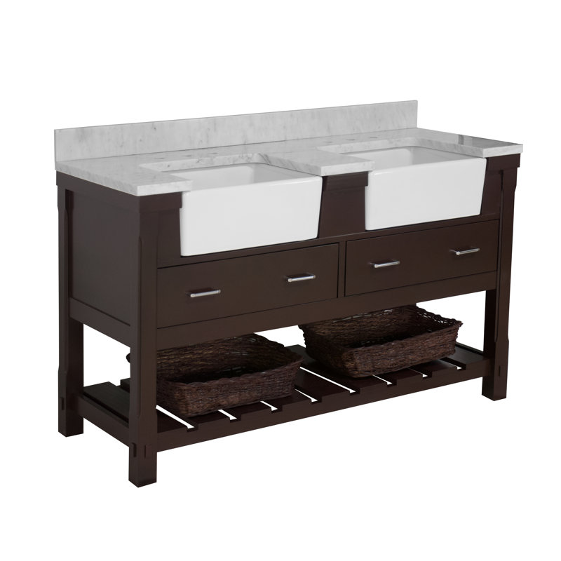 Ensemble de meuble-lavabo double 60 po Hitton, Chocolat, Marbre de Carrare