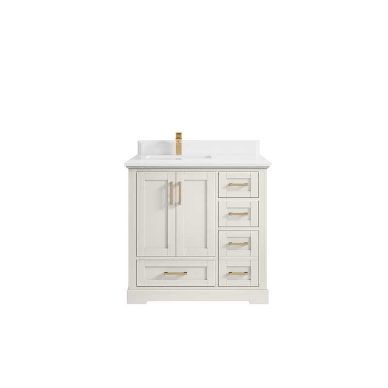 Boston 36 po X P 22 po D Meuble-lavabo décalé à gauche en albâtre avec quartz blanc Cove Edge