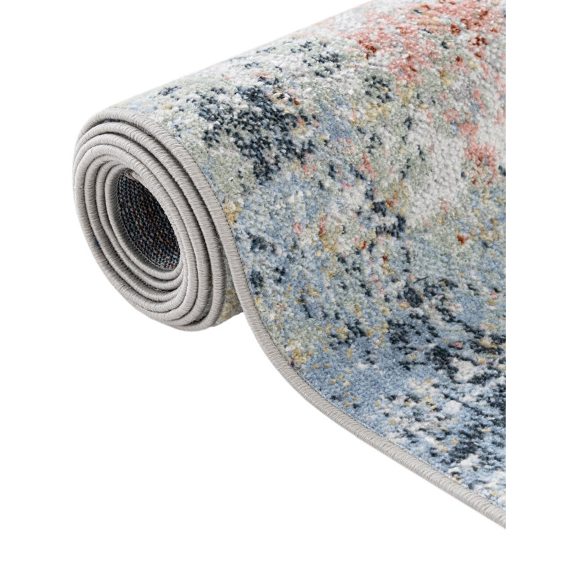 Tapis gris / bleu marine / taupe en polyester tissé à la machine Massie, Tapis de couloir 2 pi x 4 pi 1 po