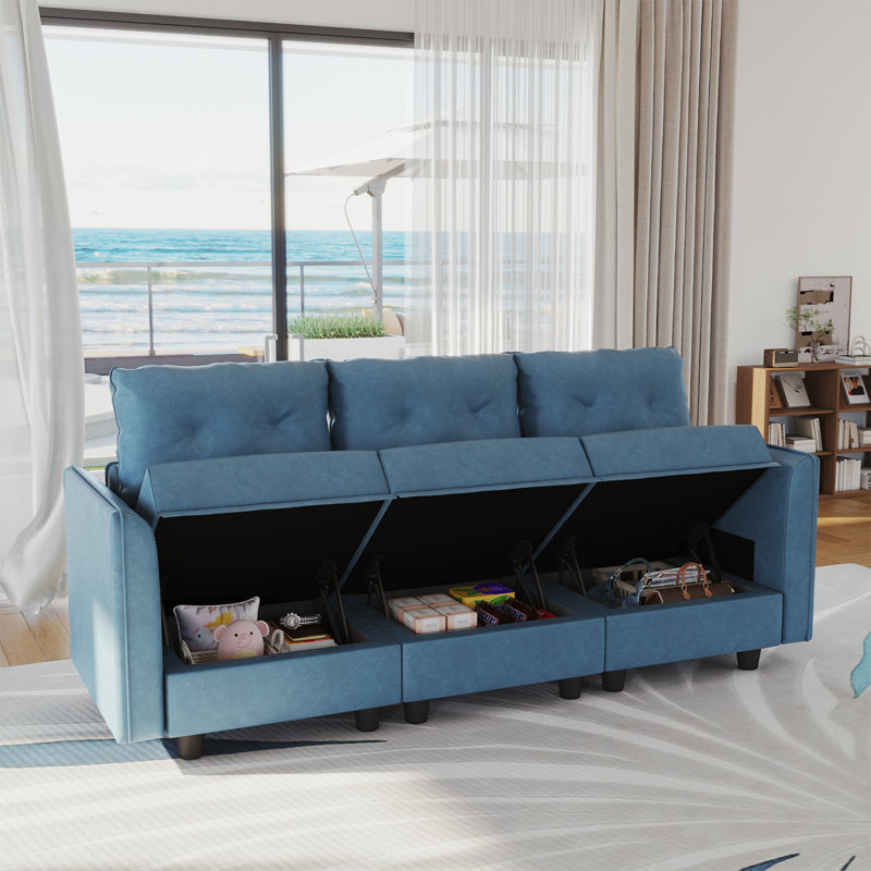 Zendajas 85'' Curved Arm Loveseat Modular Sofa With Storage, Sky Blue Polyester Blend