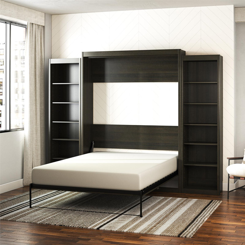 Wexford Murphy Bed with Side Storage Bookcases, Queen, Walnut